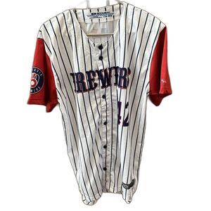 Boombah #42 White Short Sleeve Button Front Jersey Brewers Logo M Beckham Stripe